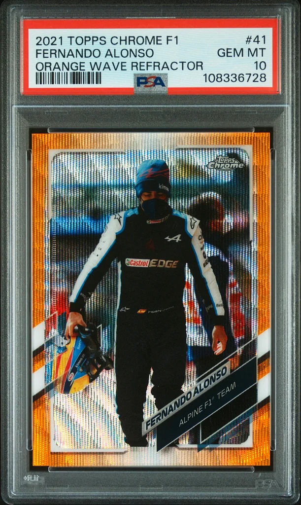 2021 TOPPS CHROME FORMULA 1 ORANGE WAVE REFRACTOR FERNANDO ALONSO 10/25 PSA 1063208861020930110
