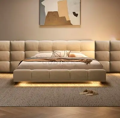 Stylish Modern Bed with LED Lighting and Upholstered Headboard