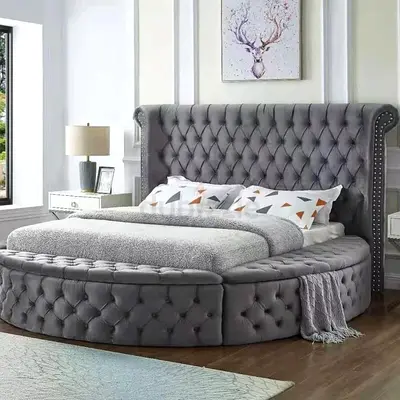 Elegant Grey Velvet Tufted King Size Round Bed with Stylish Storage
