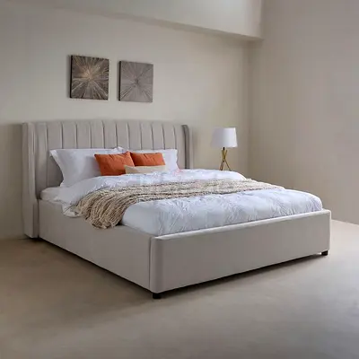 Never Used Elegant Beige Wingback Bed with Stylish Linear Headboard
