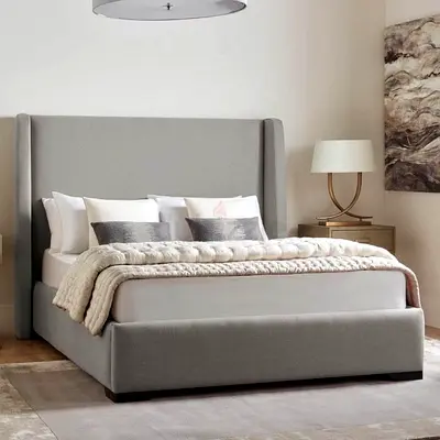 Minimalist Grey Boucle Upholstered Wingback Bed