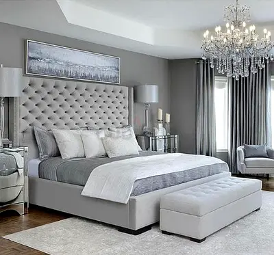 Luxurious Grey Upholstered King Size Bed Set with Stylish Headboard