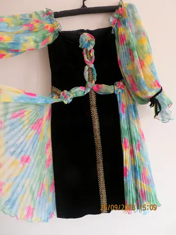 Stunning Vintage Pleated Dress with Colorful Sleeves