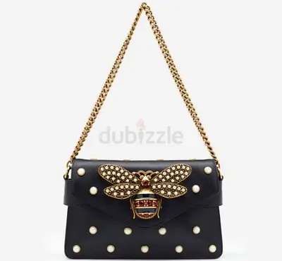 Gucci Black Leather Mini Pearl Studded Queen Margaret Broadway Shoulder Bag
