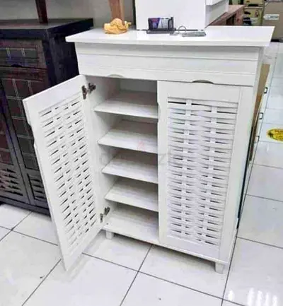 Charming White Cabinet with Louvered Doors - Perfect for Any Room