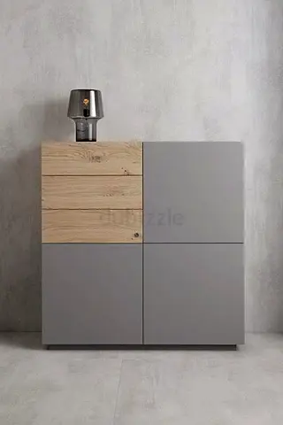 Stylish Modern Grey Cabinet with Natural Wood Accent