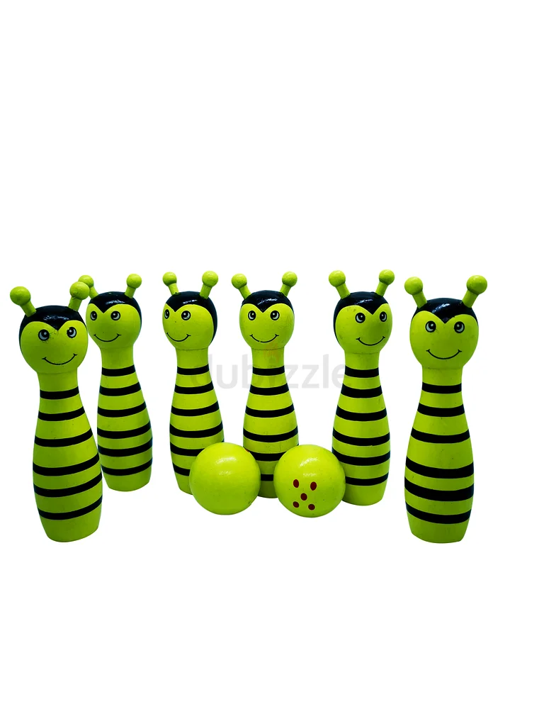 Kids Wooden Bowling Set – Bumble Bee Design with 6 Colourful Pins and 2 Wooden Balls62866837648641111