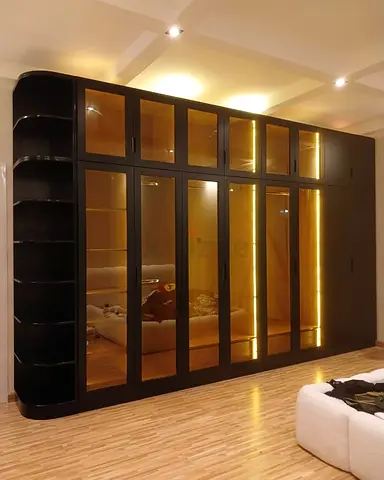 Sleek Modern Black Wardrobe with aluminum glass doors LED Accents