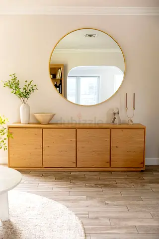 Stylish Minimalist Wooden Sideboard with Round Mirror
