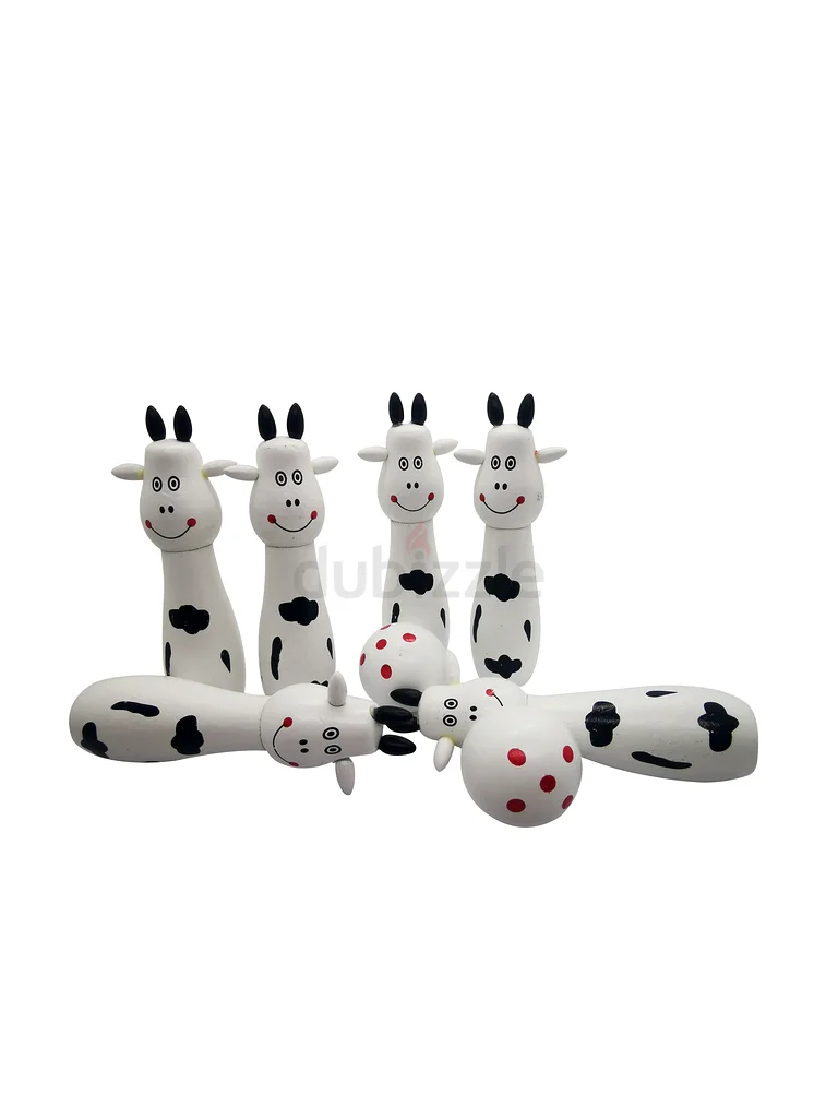 Wooden Bowling Set for Kids – 6 Cow-Themed Pins with 2 Wooden Balls, White and Black Design62866837631491111