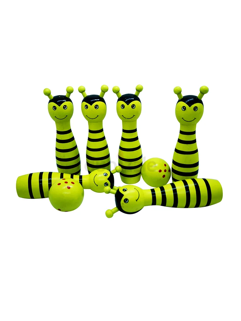 Kids Wooden Bowling Set – Bumble Bee Design with 6 Colourful Pins and 2 Wooden Balls62866837648641111