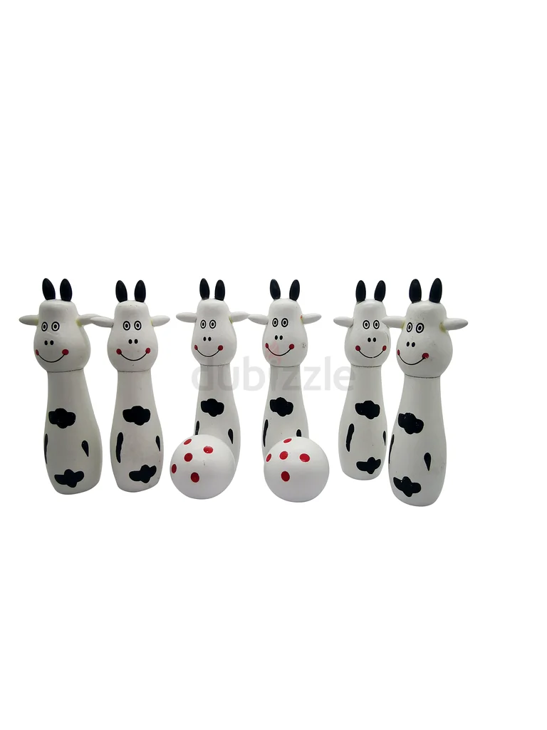 Wooden Bowling Set for Kids – 6 Cow-Themed Pins with 2 Wooden Balls, White and Black Design62866837631491112
