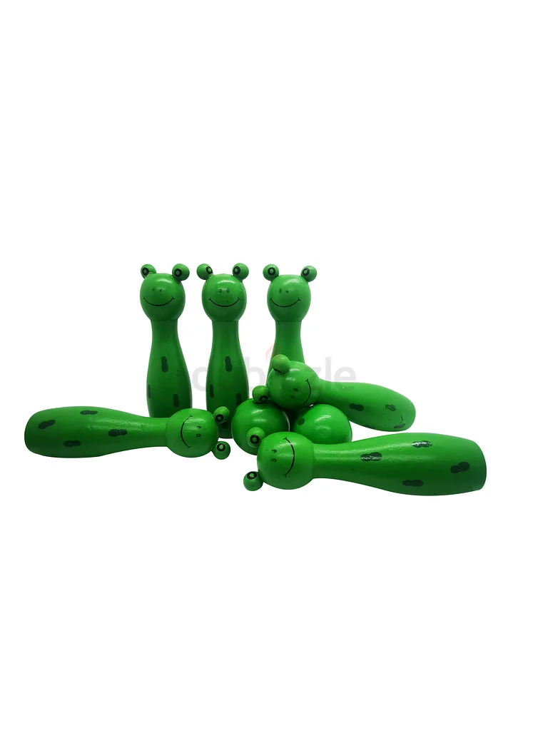 Wooden Frog Bowling Set for Kids – 6 Green Pins and 2 Wooden Balls, Fun Indoor Game for Toddlers62866837642755111