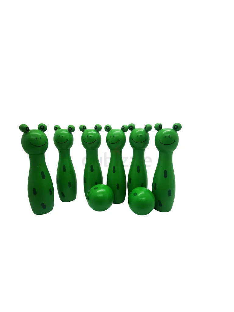 Wooden Frog Bowling Set for Kids – 6 Green Pins and 2 Wooden Balls, Fun Indoor Game for Toddlers62866837642755113