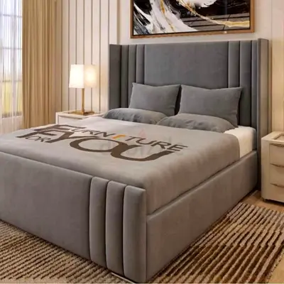 Customized Grey Fabric Wingback Bed with Elegant Headboard | Custom Bedroom Furniture In Dubai