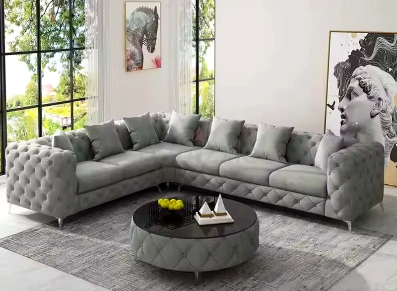 أريكة رمادية فاخرة على شكل حرف L مع طاولة قهوة63267358385538116
