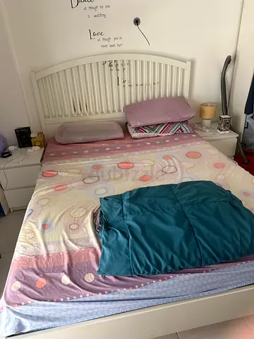 Queen bed with mattress and two side tables
