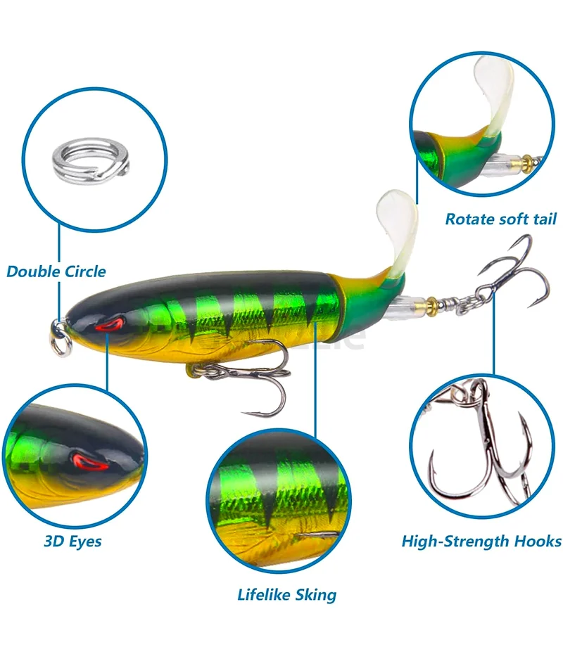 5Pcs Whopper Fishing Lure for Bass Popper Top Water Fishing Lures with Floating Rotating Tail Barb T63241124812290111