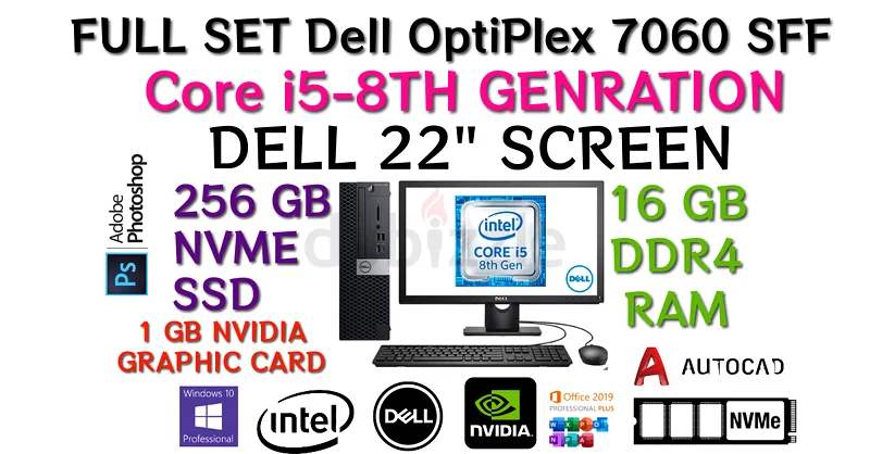 جيل ثامن، مجموعة كاملة، ديل أوبتي بليكس 7060، هيكل صغير، معالج إنتل كور i5-8500، ذاكرة وصول عشوائي 16 جيجابايت، وحدة تخزين NVME SSD سعة 256 جيجابايت، شاشة ديل 22 بوصة632660837607691129