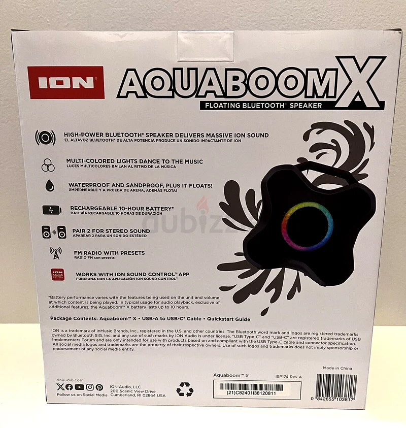 سماعة بلوتوث عائمة قابلة لإعادة الشحن ION AQUABOOM X ISP174 باللون الأسود - جديدة تمامًا63262395632002112
