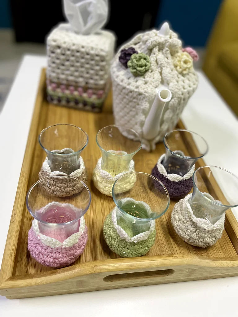 Teapot set with Turkish tea cups and crocheted coasters63215871576578112