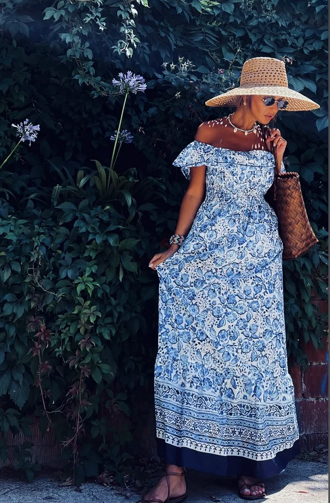 Zara Floral Print Off-Shoulder Dress in Blue63264583406466112
