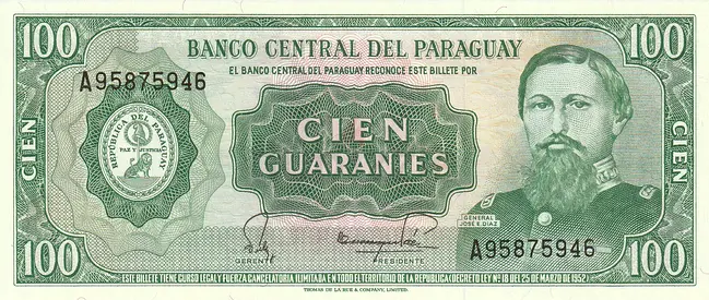 PARAGUAY 100 GUARANIES BANKNOTE 1982