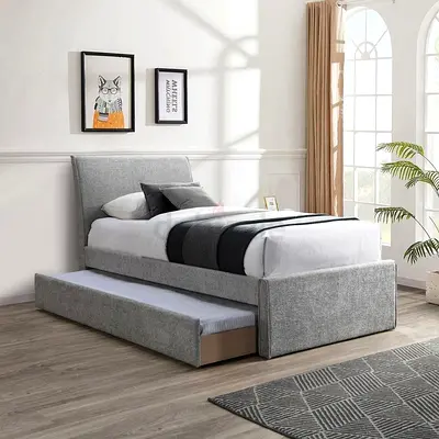 Grey Single Bed Frame with Trundle | Custom Furniture In UAE | Brand New Beds For Sale In Dubai