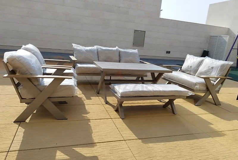أريكة حديقة خارجية فاخرة من الألومنيوم الرمادي ذات جودة عالية مع طاولة كبيرة63219347138562111