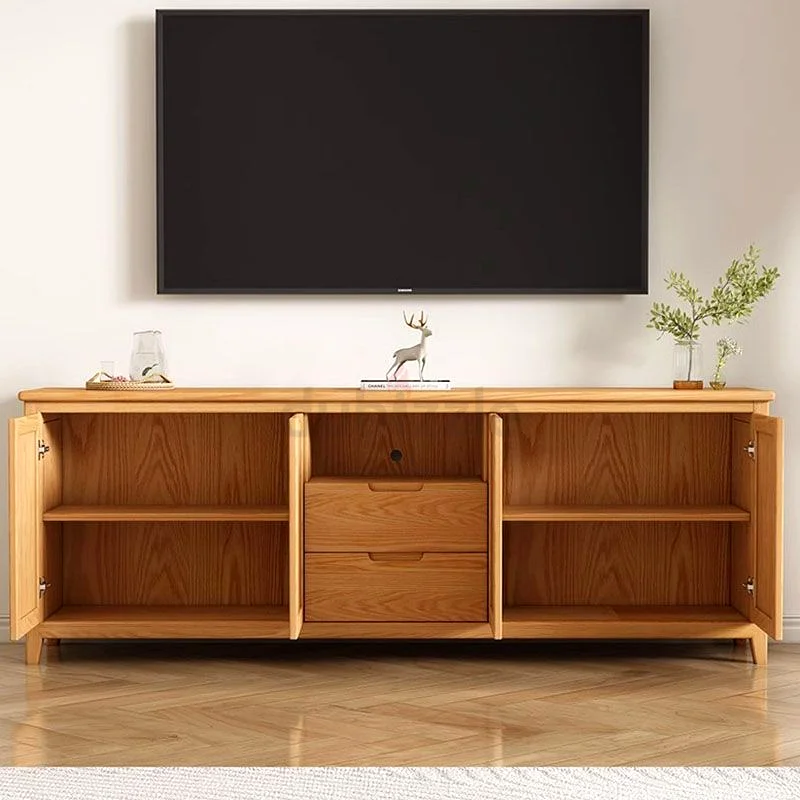 Modern Oak Wood TV Stand with Shelf, 2 Cabinets, Cable Management, and 4 Doors63180833244289111