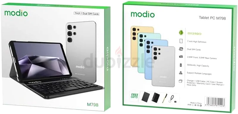 جهاز لوحي Modio M798 أندرويد، شاشة HD مقاس 7 بوصات، 6 جيجابايت رام، 256 جيجابايت تخزين، واي فاي، كاميرا مزدوجة، لوحة مفاتيح63221851781122111