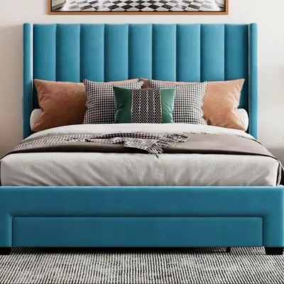 Stylish Blue Twin Size Bed (120x200) with Leg-board Storage Drawer