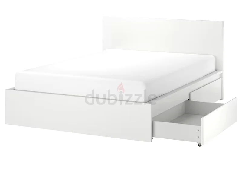 إطار سرير أبيض MALM بحجم 180×200 سم مع 4 صناديق تخزين - حالة ممتازة62863820571907113