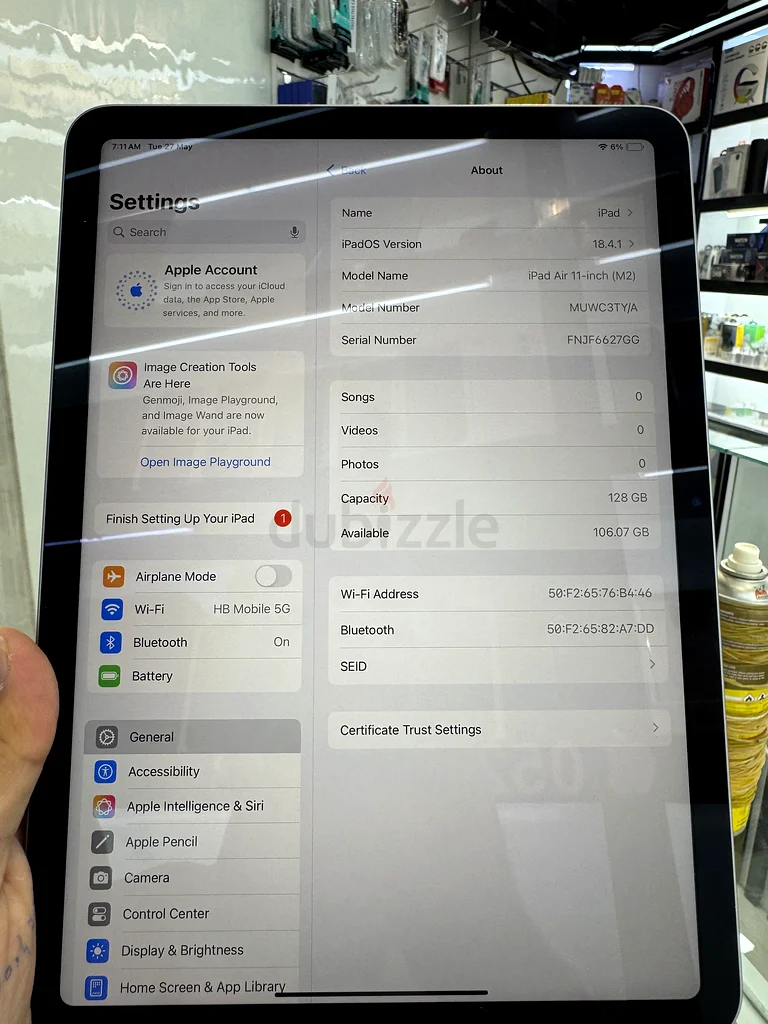 جهاز iPad Air M2 بحجم 11 بوصة وبسعة 128 جيجابايت، مفتوح العلبة فقط، 100٪ بطارية، جهاز آيباد جديد بالكامل، ضمان أبل لمدة 10 أشهر، باللون الفضي63183728212482112