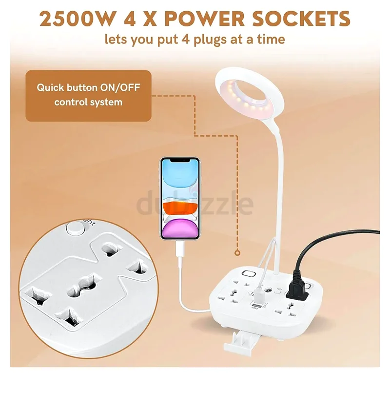 LED Desk Lamp with USB Ports, Power Extension, Dimmable Light  Phone Stand63220831774467112