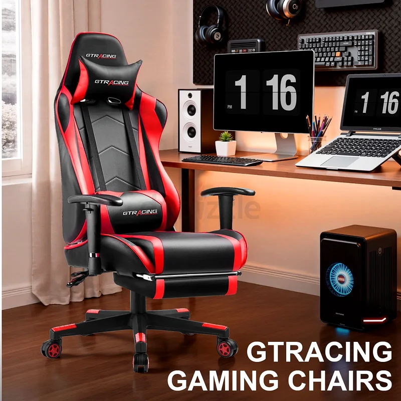 كرسي ألعاب GTRACING، كرسي مكتبي مريح مع دعم قطني، جلد صناعي، مسند قدمين قابل للتعديل63228305471363112