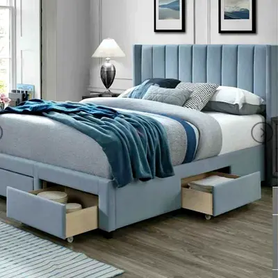 Modern Blue Upholstered Queen Bed with Storage Drawers