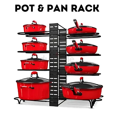 8 TIER POT AND PAN KITCHEN ORGANIZER – ADJUSTABLE NON-SLIP RACK FOR COOKWARE AND LIDS