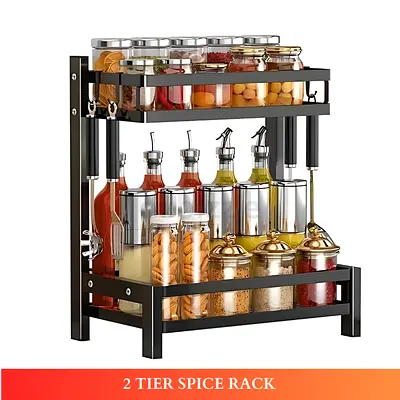 2 LAYER COUNTERTOP SPICE RACK – METAL KITCHEN SPICE ORGANIZER SHELF FOR CONDIMENTS  STORAGE