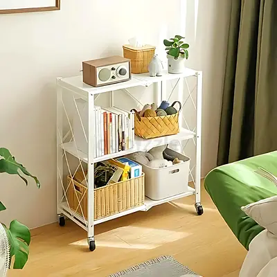 3 TIER FOLDABLE WHITE STORAGE RACK WITH WHEELS – MULTIPURPOSE METAL ORGANIZER SHELF FOR HOME AND KIT