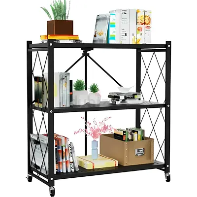 3 TIER FOLDABLE STORAGE RACK WITH WHEELS – MULTIPURPOSE METAL SHELF FOR KITCHEN AND HOME