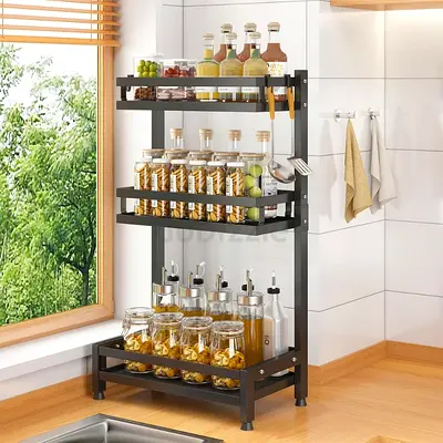 3 LAYER COUNTERTOP SPICE RACK – BLACK METAL KITCHEN SPICE ORGANIZER SHELF WITH STORAGE BASKETS