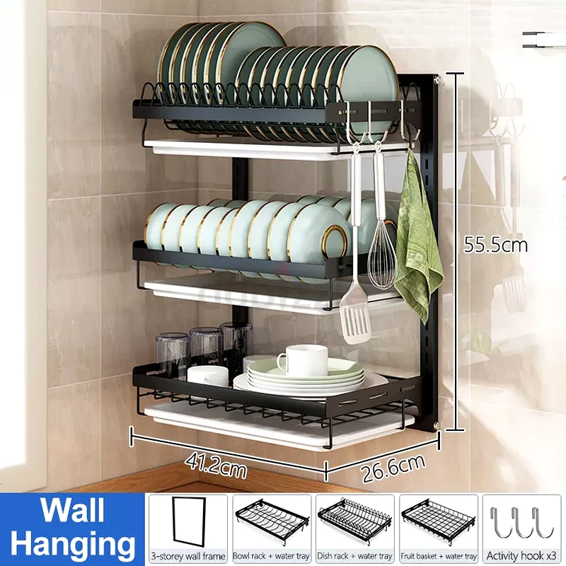 KITCHEN DISH RACK, WALL MOUNT 3 LAYER STAINLESS STEEL DISH DRYING RACK, KITCHEN PLATE RACK63219338255745113