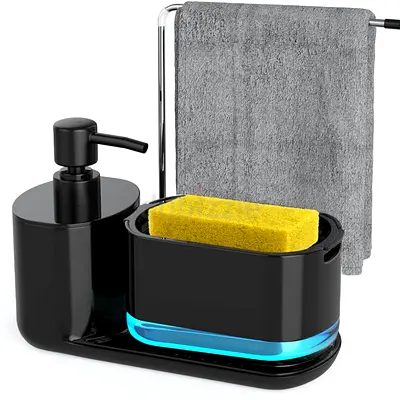 KITCHEN SPONGE SOAP DISPENSER WITH LIQUID REFILL HAND WASH AND TOWEL HOLDER – BLACK