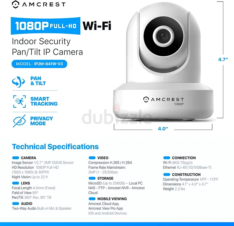 كاميرا IP داخلية Amcrest ProHD 1080P مع خاصية البث عبر الإيثرنت والتقليب/الإمالة/التكبير - ميزات رائعة، جديدة تمامًا63261821102081114