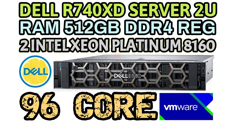 خادم DELL R740XD بسعة 512 جيجابايت من ذاكرة الوصول العشوائي DDR4، و96 نواة معالج، ومعالجان من نوع Intel Xeon Platinum (8160)، وقرص صلب من نوع SAS بسعة 32 تيرابايت632660813913631121