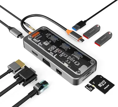 Excefore USB C HUB, 10-in-1 USB C Adapter Docking Station with 4K HDMI, VGA, Type C PD, USB3.0