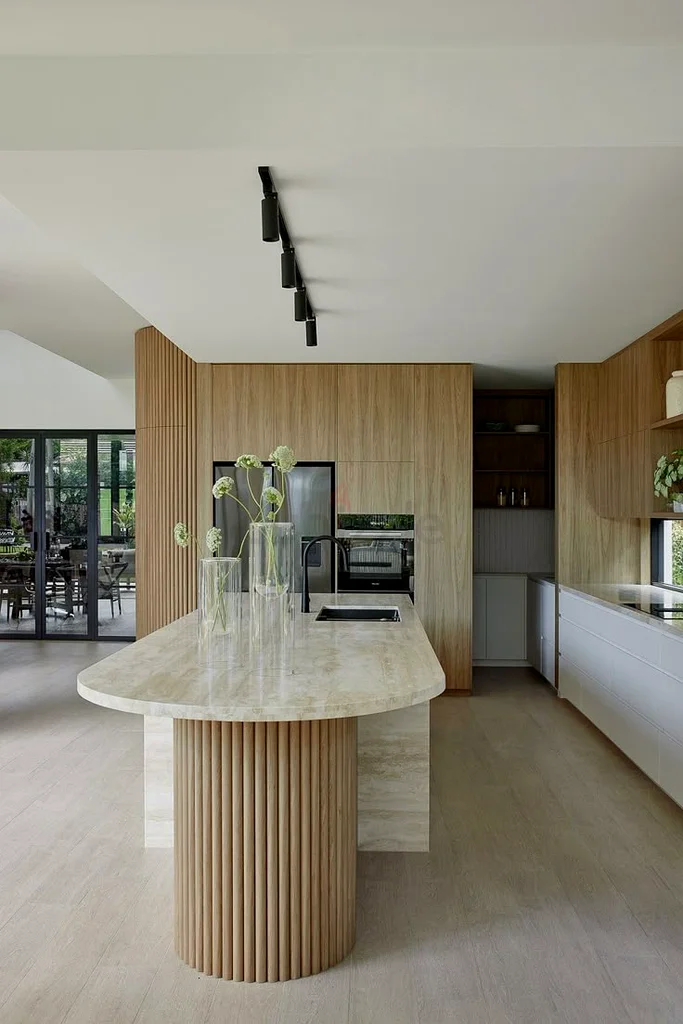 Custom Marble Kitchen Island with Fluted Wood Base – Modern Luxury Design63219338651777110