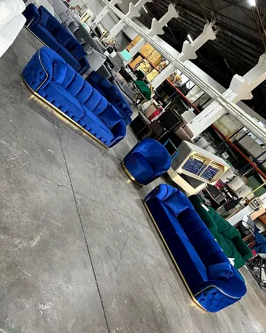 Luxurious Blue Velvet Sofa Set with Elegant Gold Accents