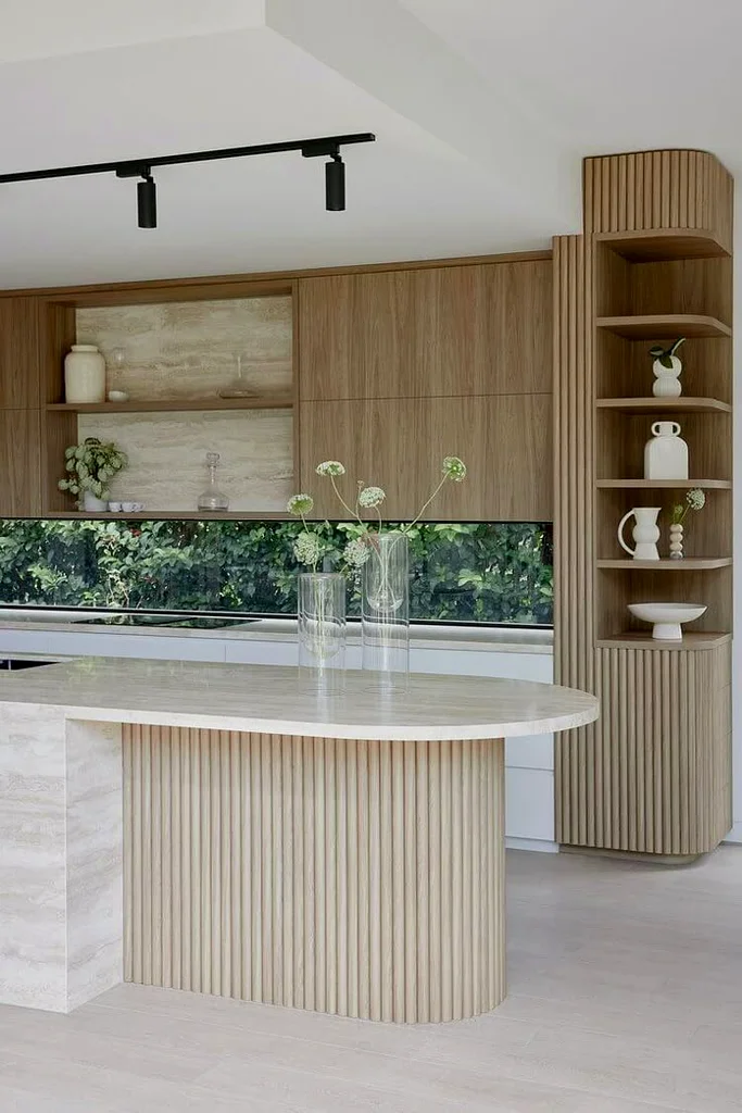 Custom Marble Kitchen Island with Fluted Wood Base – Modern Luxury Design63219338651777113